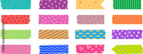 Japanese tape washi, cute masking paper, colorful scotch, scrapbook pattern, decoration frame with color texture, craft sticky set isolated on white background. Vector illustration