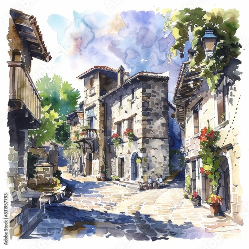 Watercolor painting of a bustling city street, with tall buildings casting deep shadows that create pockets of cool relief for pedestrians on a sunny day,Generative AI