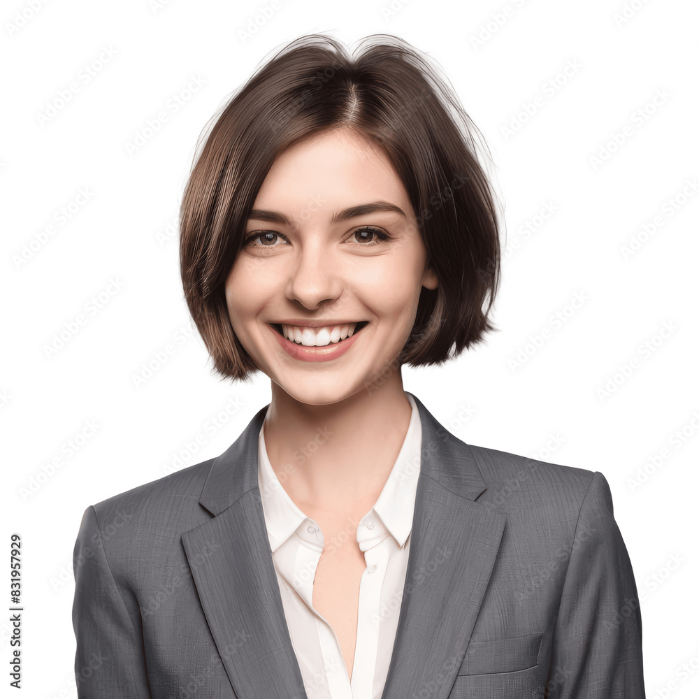portrait of a smiling businesswoman short hair in grey suit isolated on transparent background portrait of a smiling businesswoman short hair in grey suit isolated on transparent background