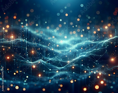 Abstract technology background of digital network with interconnected points and lines, illuminated by blue, white and orange lights. Futuristic background
