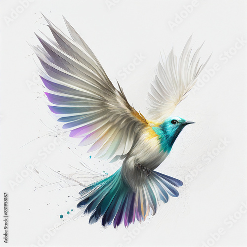 brightly colored bird flying in the air with its wings spread