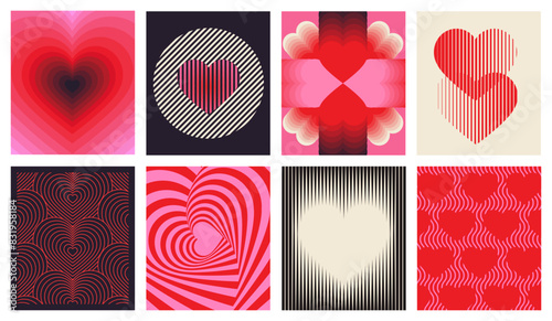 Happy Valentines Day cards set. Collection of abstract romantic postcards with geometric hearts as symbols of love. Greeting card design. Cartoon flat vector illustrations isolated on white background