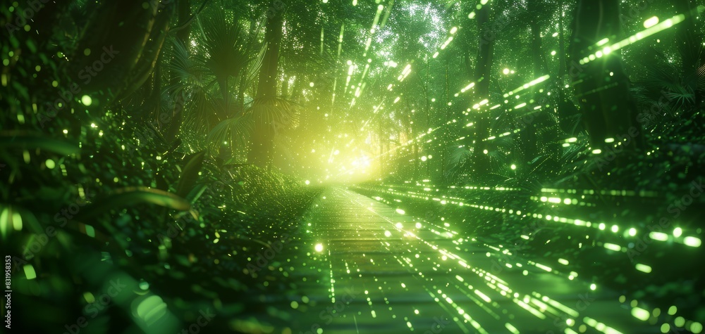 A mystical forest illuminated by vibrant green lights, creating a surreal and magical atmosphere. Nature meets fantasy in this enchanting scene. A mystical forest illuminated by vibrant green lights, creating a surreal and magical atmosphere. Nature meets fantasy in this enchanting scene.