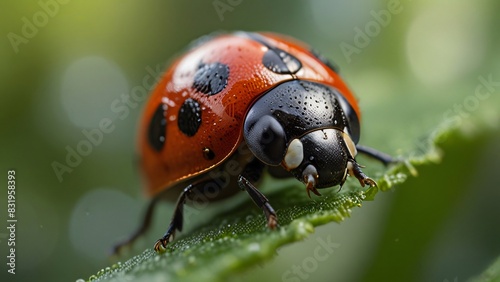 closeup portrait macro of beauty ladybug on leaf
