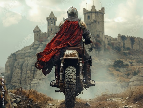 A medieval knight, donned in shining armor, astride a motorcycle instead of a horse, charging fearlessly towards a castle on a rugged hill, blending the past with the present in a daring adventure. photo