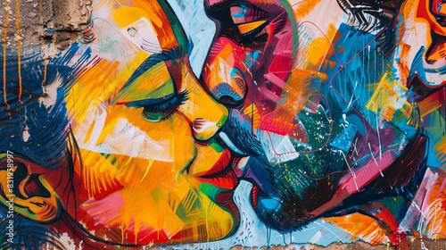 A colorful painting of a man and woman kissing