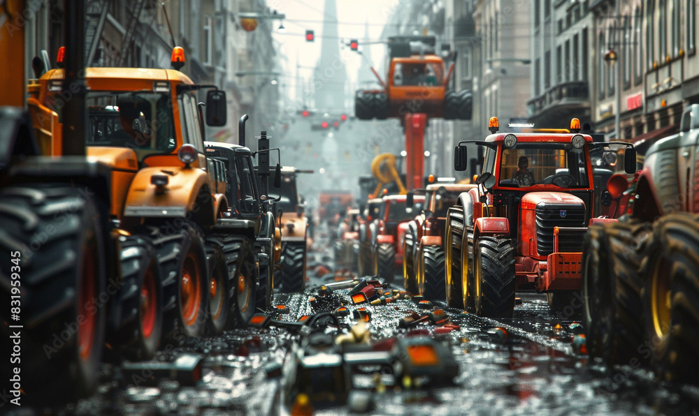 So Many Tractors Blocked City Streets and Caused Traffic Jams in The City, The Concept of Agricultural Workers Protesting Against Tax Increases, Generative AI. So Many Tractors Blocked City Streets and Caused Traffic Jams in The City, The Concept of Agricultural Workers Protesting Against Tax Increases, Generative AI.