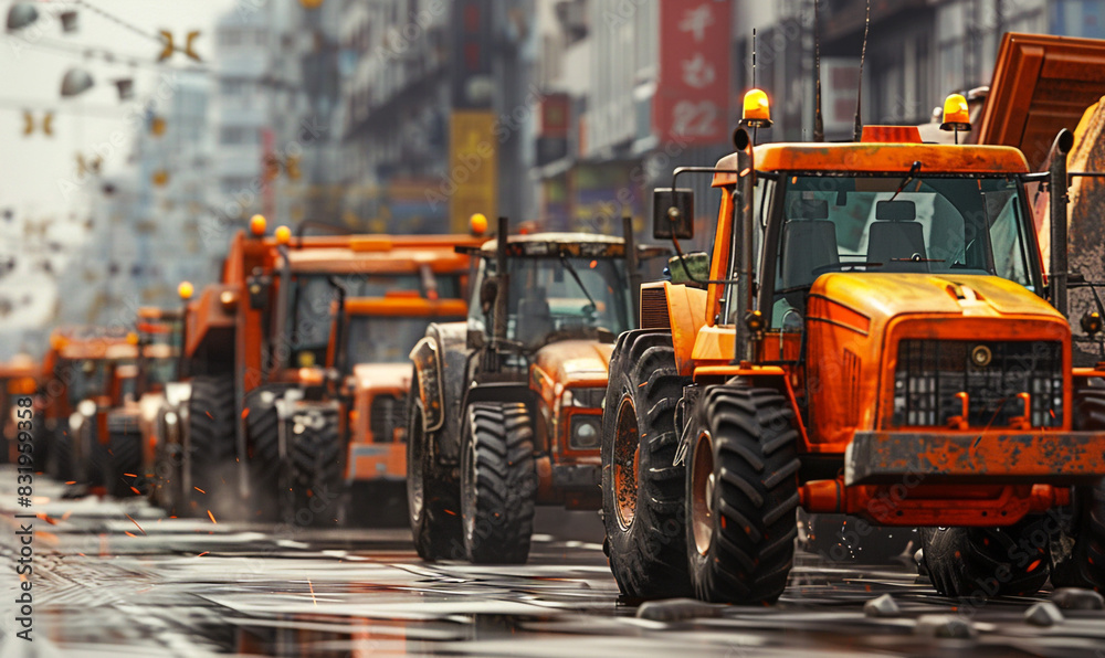 So Many Tractors Blocked City Streets and Caused Traffic Jams in The City, The Concept of Agricultural Workers Protesting Against Tax Increases, Generative AI. So Many Tractors Blocked City Streets and Caused Traffic Jams in The City, The Concept of Agricultural Workers Protesting Against Tax Increases, Generative AI.