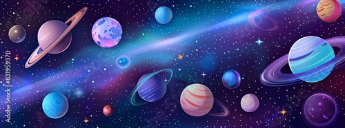 A cosmic, space-themed background with stars, planets, and galaxies.