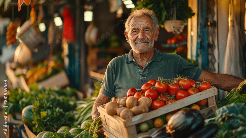 an elderly farmer with organic vegetables and fruits, which he lays out on the market counter an elderly farmer with organic vegetables and fruits, which he lays out on the market counter