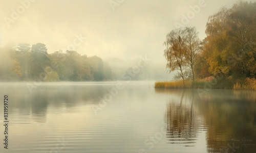 Misty dawn at the serene lakeside. Tranquil waters mirror the tranquil landscape. Early morning tranquility in a mist-kissed scenery