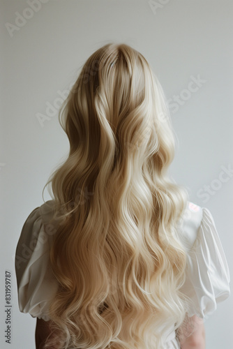 blonde woman with long wavy hair in white dress looking back