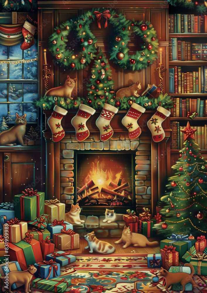christmas fireplace scene with cats and presents in front of a fireplace
