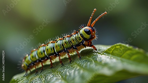 closeup portrait macro of beauty caterpillar on leaf