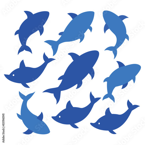 Set of Blue Catfish animal black silhouettes vector on white background