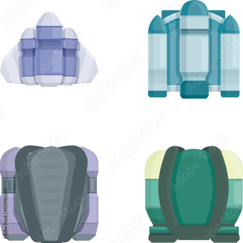 Jetpack icons set cartoon vector. Equipment for personal air flight. Future technology