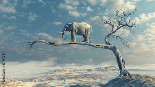Surreal elephant balancing on a branch in a barren landscape