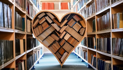 A heart made of books, nestled among towering shelves in a quiet library. photo