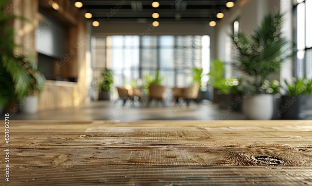 custom made wallpaper toronto digitalsurface of a large wooden table in a modern spacious room with large windows and indoor plants. Suitable for display