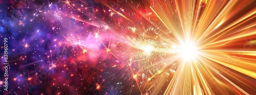 A dynamic, abstract fireworks background with bright bursts and vibrant colors.