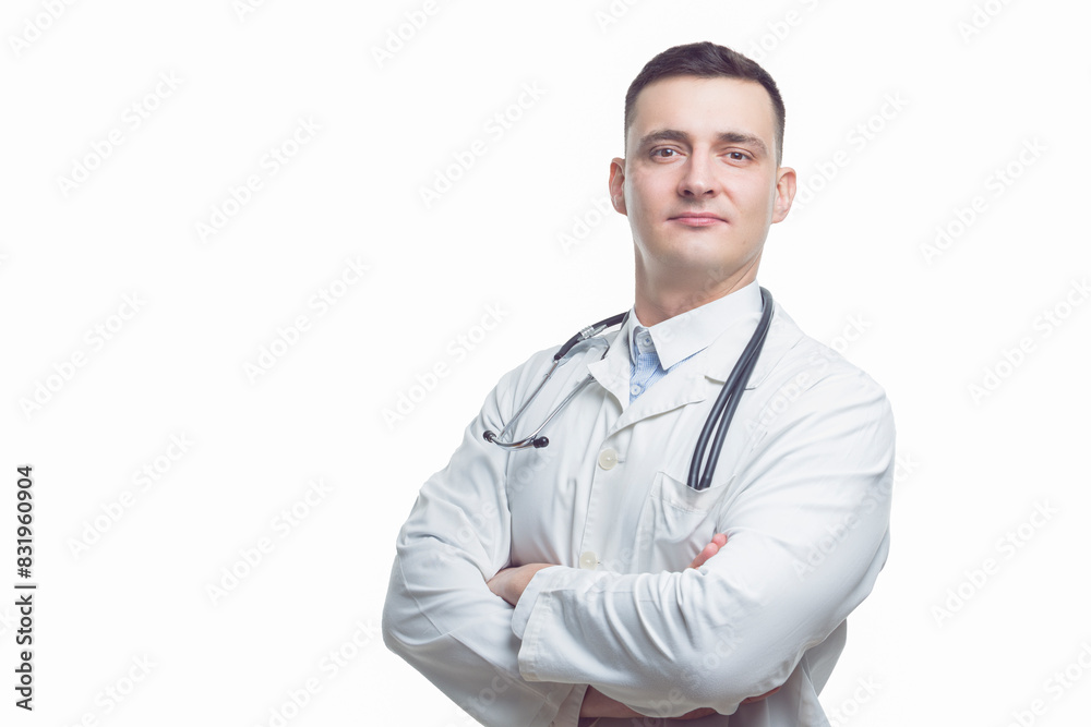 Man in Business. Image of Caucasian Professional Confident Male GP Doctor Posing in Doctor Smock And Endoscope with Hands Folded in Front Man in Business. Image of Caucasian Professional Confident Male GP Doctor Posing in Doctor Smock And Endoscope with Hands Folded in Front