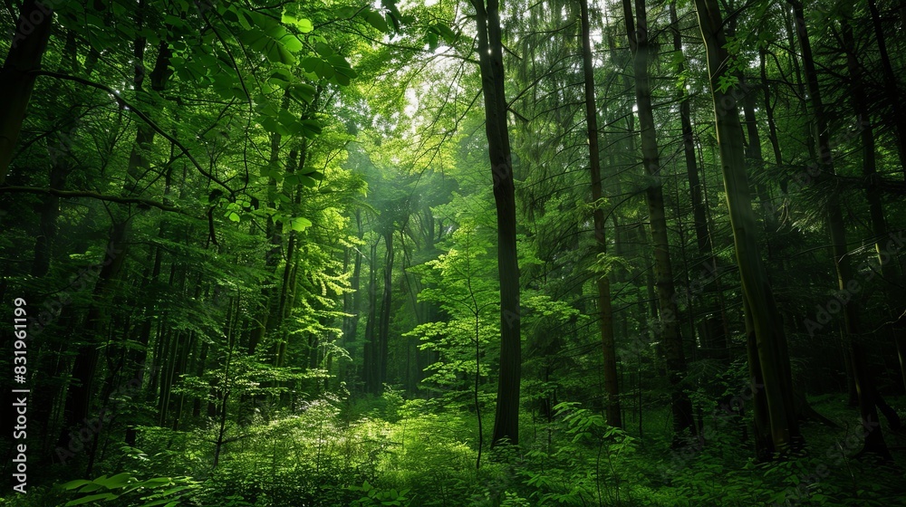 A dense forest teeming with a vibrant array of trees and lush greenery under a canopy of verdant leaves. Generative AI A dense forest teeming with a vibrant array of trees and lush greenery under a canopy of verdant leaves. Generative AI