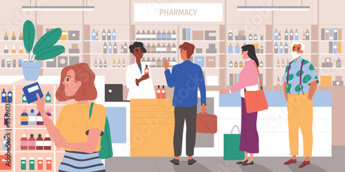 People in pharmacy. Smiling woman pharmacist in drugstore serves clients and sells medicines to treat diseases. Characters buy different tablets and pills for health. Cartoon flat vector illustration