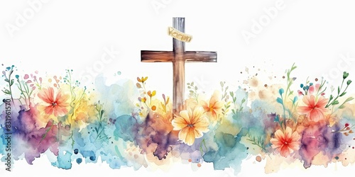 Christian cross clipart with watercolor Easter theme border and banner, Generative AI