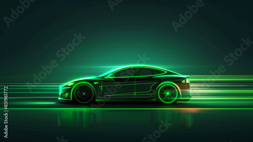 Green neon glowing electric car in motion at night