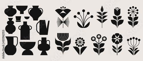 Collection of geometric flowers and vases  modern minimalist style elements. Black and white symbols  brand and logo elements