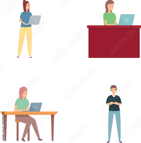 Remote work icons set cartoon vector. Yong people work in comfortable condition. Self employed concept