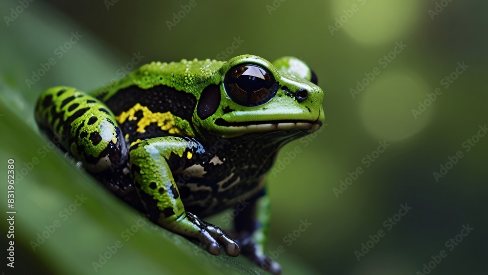 closeup portrait macro of poisonous green frog on leaf closeup portrait macro of poisonous green frog on leaf