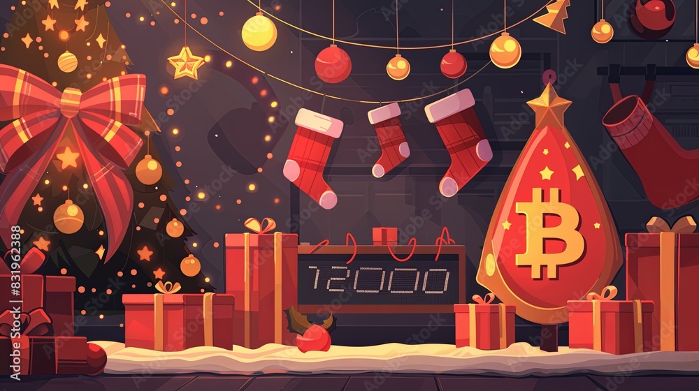 A festive Christmas scene with decorations themed around Bitcoin and a digital advent calendar counting down to a halving.