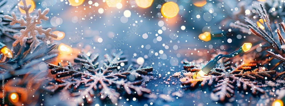 A festive, holiday background with snowflakes and twinkling lights