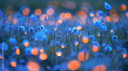 A field of blue and orange flowers with many small  round  glowing orbs