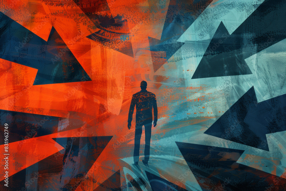 Surreal illustration of man changing direction with colorful arrows ...