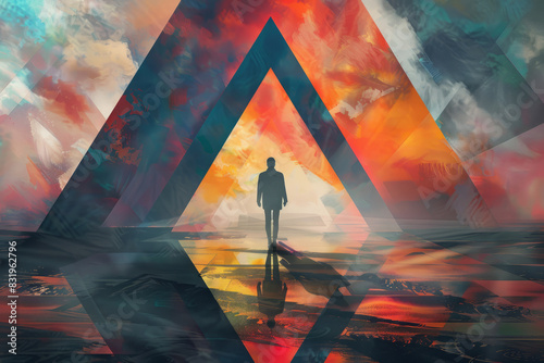 Surreal illustration of man walking on Penrose triangle with vibrant colors photo