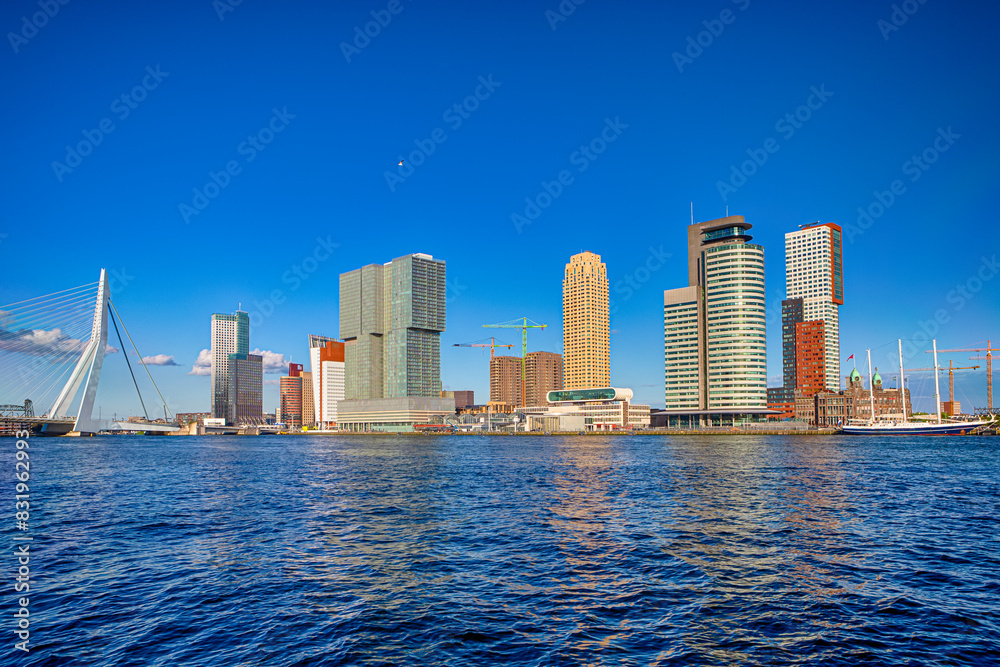 Fototapeta premium Holland Travel Destinations. Scenic Picturesque Cityscape View of Rotterdam Harbour and Port With Swan Bridge