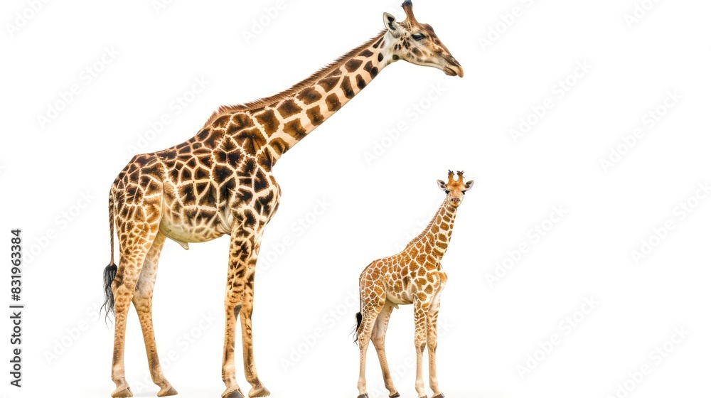 Giraffe Parent and Offspring Alone on White Background Giraffe Parent and Offspring Alone on White Background