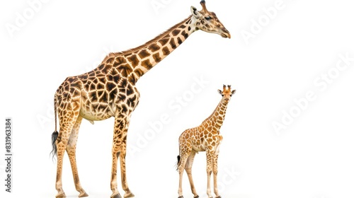 Giraffe Parent and Offspring Alone on White Background