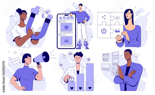 Social Media Marketing illustrations set. Men and women create content plans and attract new audiences. Advertising, promotion and SEO. Flat vector collection isolated on white background