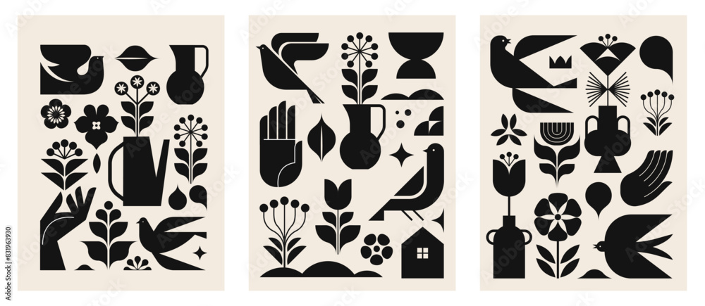 Black and white modern symbolist design. minimalist black illustrations in modern Nordic style. Linocut, lino print concept art. Printable wall decor, cards, apparel designs