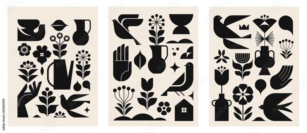 Fototapeta Black and white modern symbolist design. minimalist black illustrations in modern Nordic style. Linocut, lino print concept art. Printable wall decor, cards, apparel designs