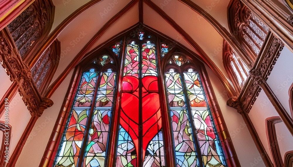 The heart, fashioned from stained glass, adorned with intricate patterns at church.
