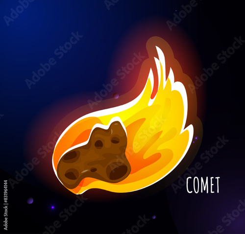 Celestial body icon. Flying burning comet or asteroid in outer space. Meteor with flaming tail. Astronomy, galaxy and universe. Cartoon flat vector illustration isolated on starry sky background