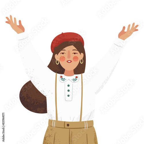 Woman in autumn clothing gently raising her hand