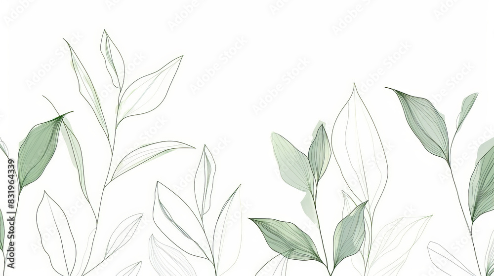 Naklejka premium Minimalistic green line drawing of multiple leaves on a white background