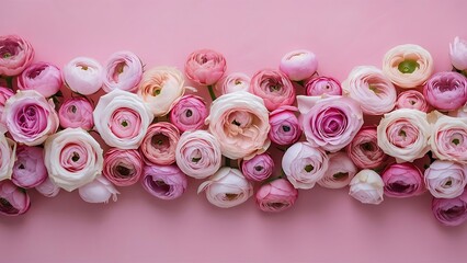 Flowers composition border pattern made of roses and ranunculus flowers on pink background flat lay top view