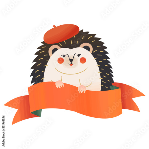 Hedgehog in berets,rounded by a ribbon