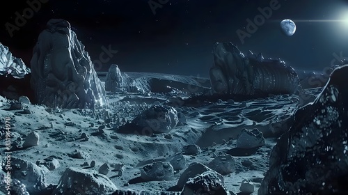 Cosmic Sculptures Adorn Extraterrestrial Asteroid Landscape Under Celestial Skies